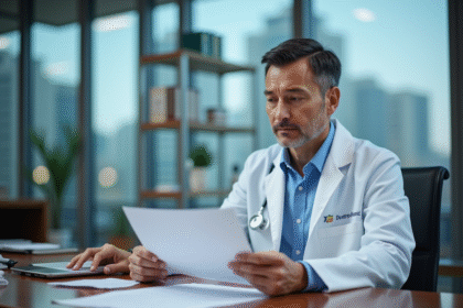 Médecin homme en bureau moderne avec documents et ordinateur