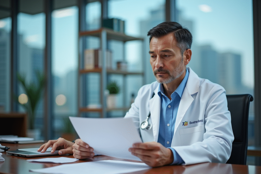 Médecin homme en bureau moderne avec documents et ordinateur