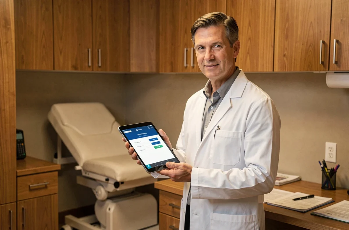 Médecin généraliste consultant un dossier patient en ligne sur tablette dans son cabinet médical sécurisé