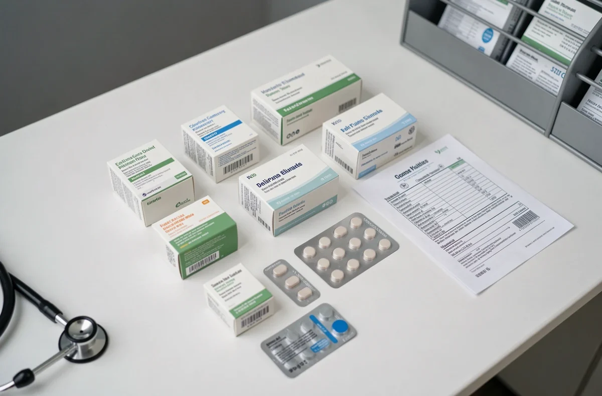 Vue de dessus de médicaments génériques et ordonnance sur un bureau médical