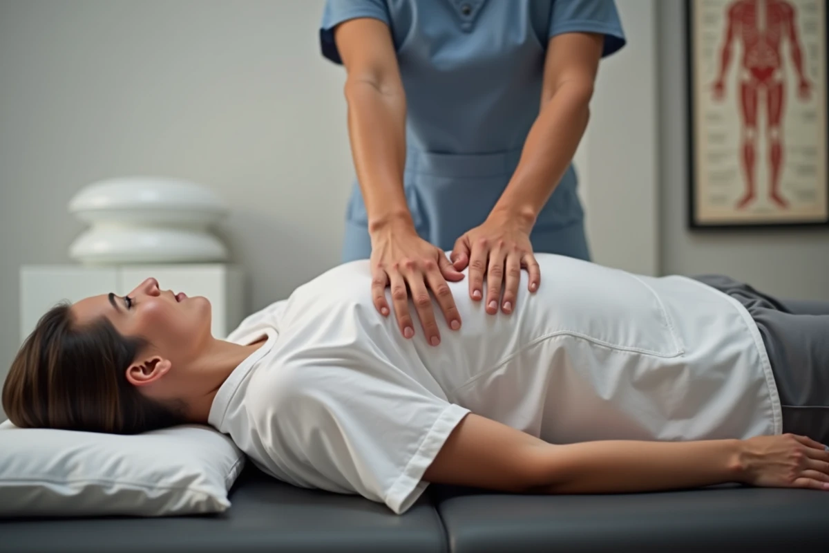 Gros plan des mains d'un kinésithérapeute effectuant une mobilisation manuelle sur la côte flottante d'un patient
