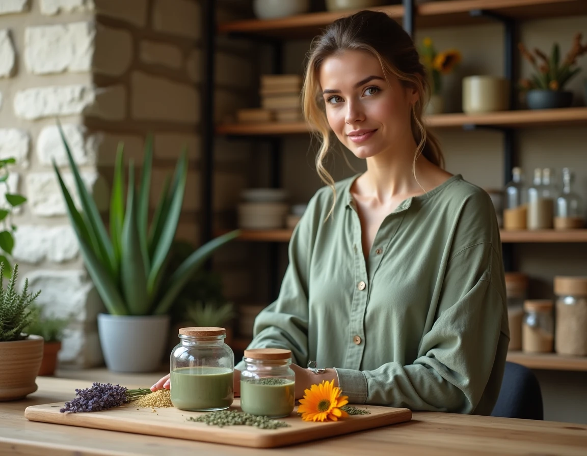 Naturopathe arrangeant des remèdes naturels à base d'argile verte et de plantes dans un cabinet de consultation