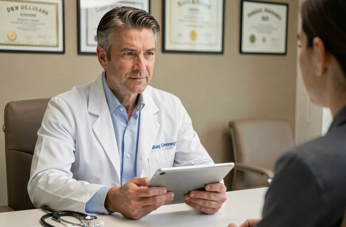 Neurologue homme en consultation médicale avec un patient dans un cabinet moderne, illustrant l'avis médical sur les tremblements corporels