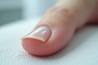 Gros plan sur un ongle en cours de repousse après arrachement, montrant la ligne de démarcation entre l'ancien et le nouvel ongle