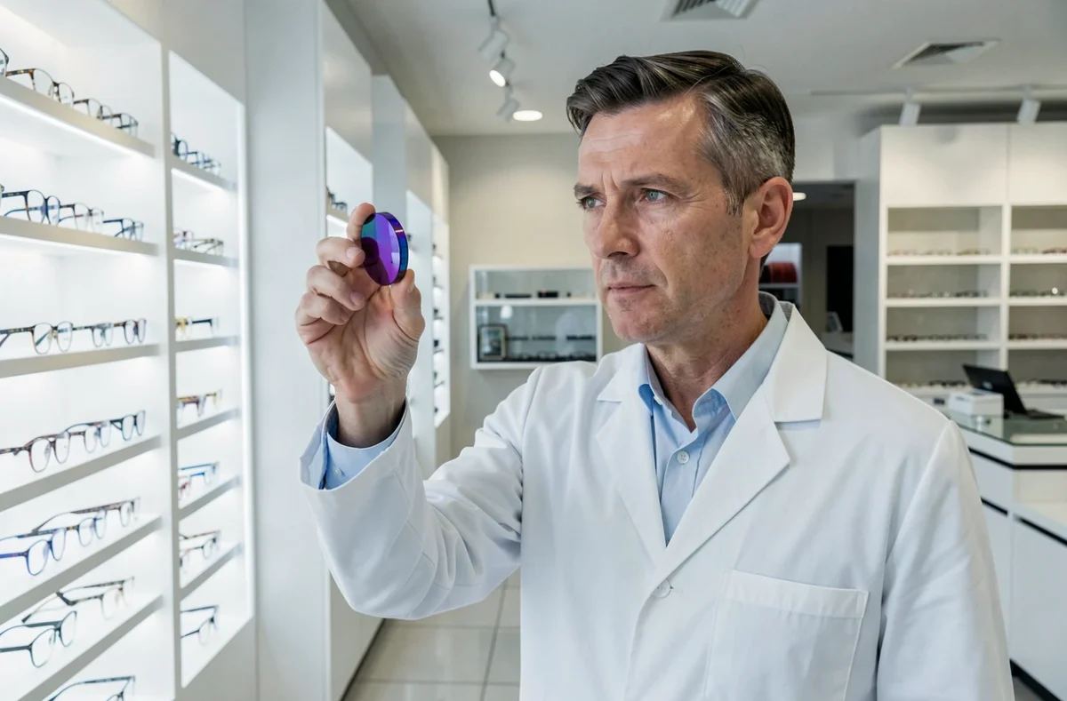 Opticien tenant un verre Zeiss anti-reflets en magasin pour analyser la protection lumière bleue