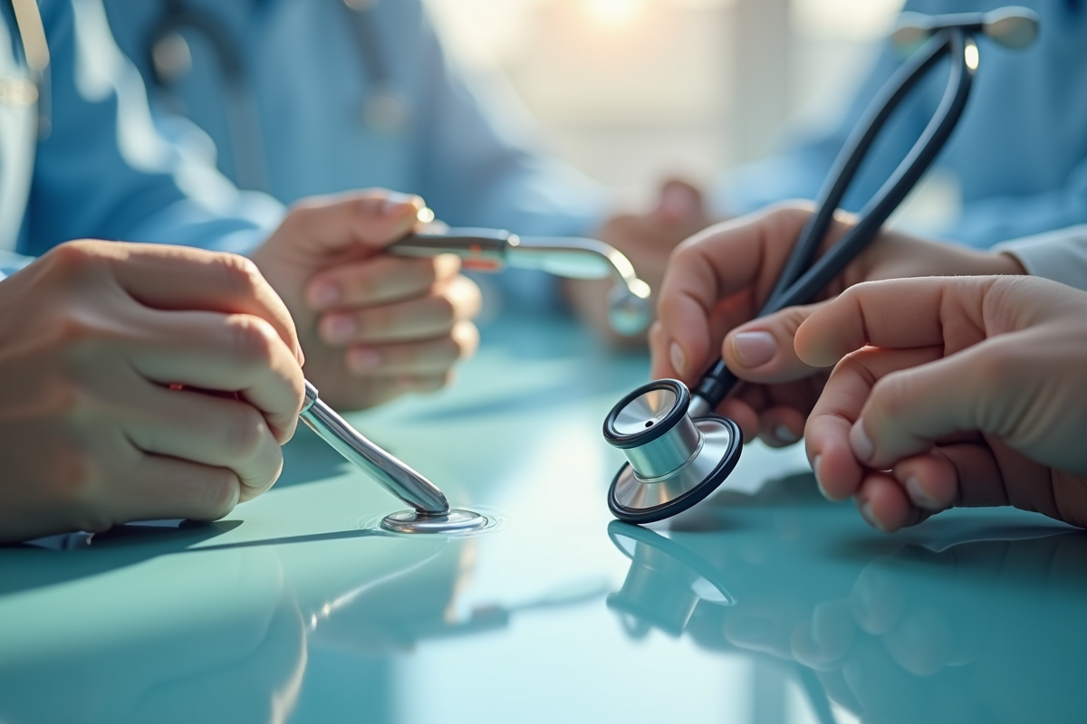 Mains de professionnels avec outils médicaux variés