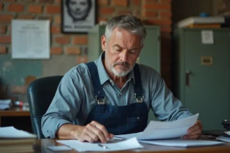 Homme d'usine en overalls regardant des dossiers