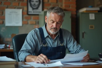 Homme d'usine en overalls regardant des dossiers