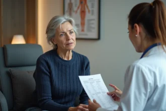 Patiente discutant de ses résultats d'analyse avec un médecin lors d'une consultation oncologique