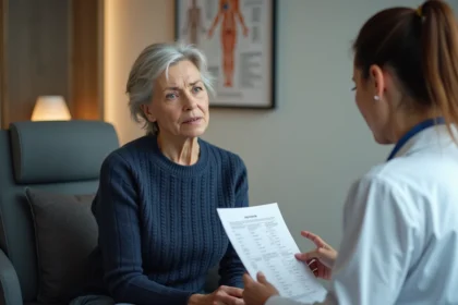 Patiente discutant de ses résultats d'analyse avec un médecin lors d'une consultation oncologique