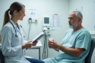 Patient diabétique de 55 ans consultant un médecin pour des résultats de microalbuminurie élevée dans un cabinet médical moderne