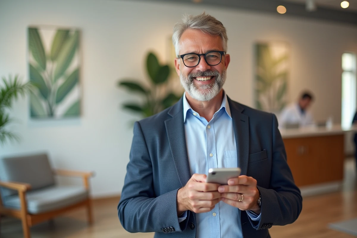 Patient homme souriant dans la salle d accueil