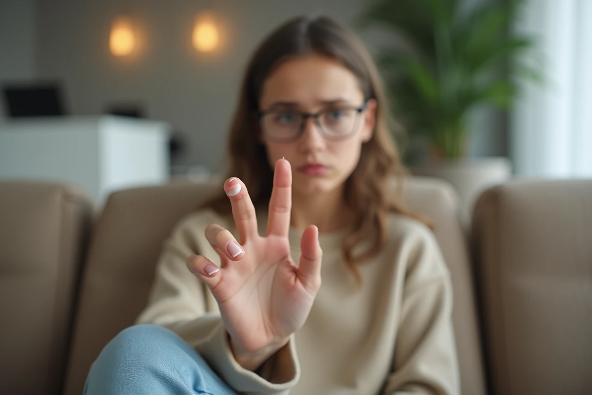 Personne inquiète observant un ongle avec stries horizontales et blanchiment, symptômes d'un traumatisme de la matrice unguéale en cours de cicatrisation