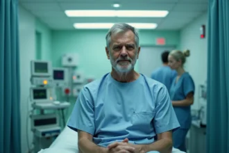 Patient adulte pâle et nauséeux assis sur un brancard aux urgences, portant une blouse hospitalière bleue, avec monitoring cardiaque visible en arrière-plan