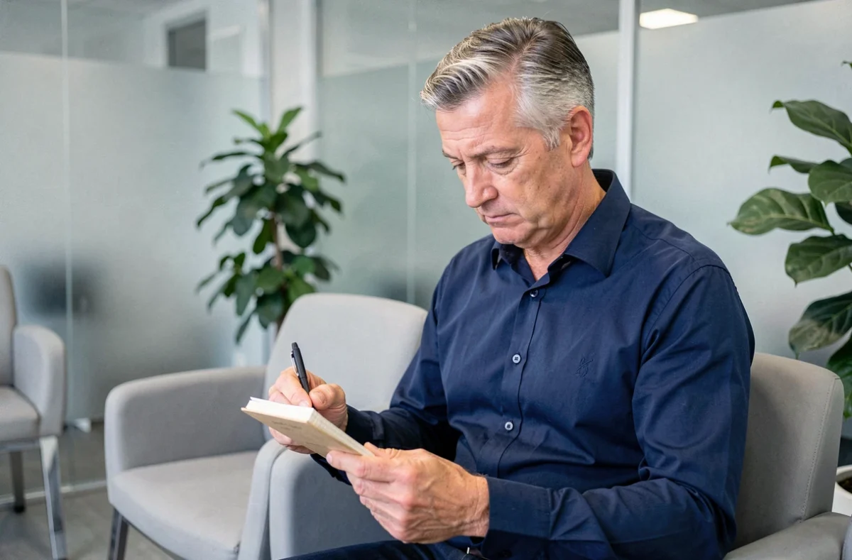 Homme préparant sa consultation médicale avec un carnet de notes dans une salle d'attente de clinique
