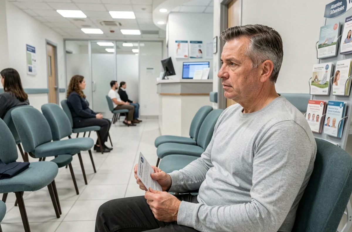 Patient tenant sa carte vitale en salle d'attente d'un cabinet de rhumatologie