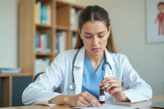 Pédiatre femme lisant attentivement la posologie sur un flacon de gouttes médicamenteuses dans un cabinet médical