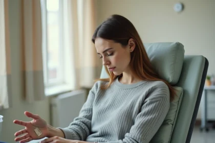 Femme recevant une perfusion de fer intraveineuse dans une clinique médicale moderne, assise dans un fauteuil d'hôpital avec une ligne de perfusion sur la main