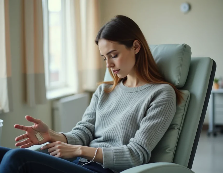 Femme recevant une perfusion de fer intraveineuse dans une clinique médicale moderne, assise dans un fauteuil d'hôpital avec une ligne de perfusion sur la main