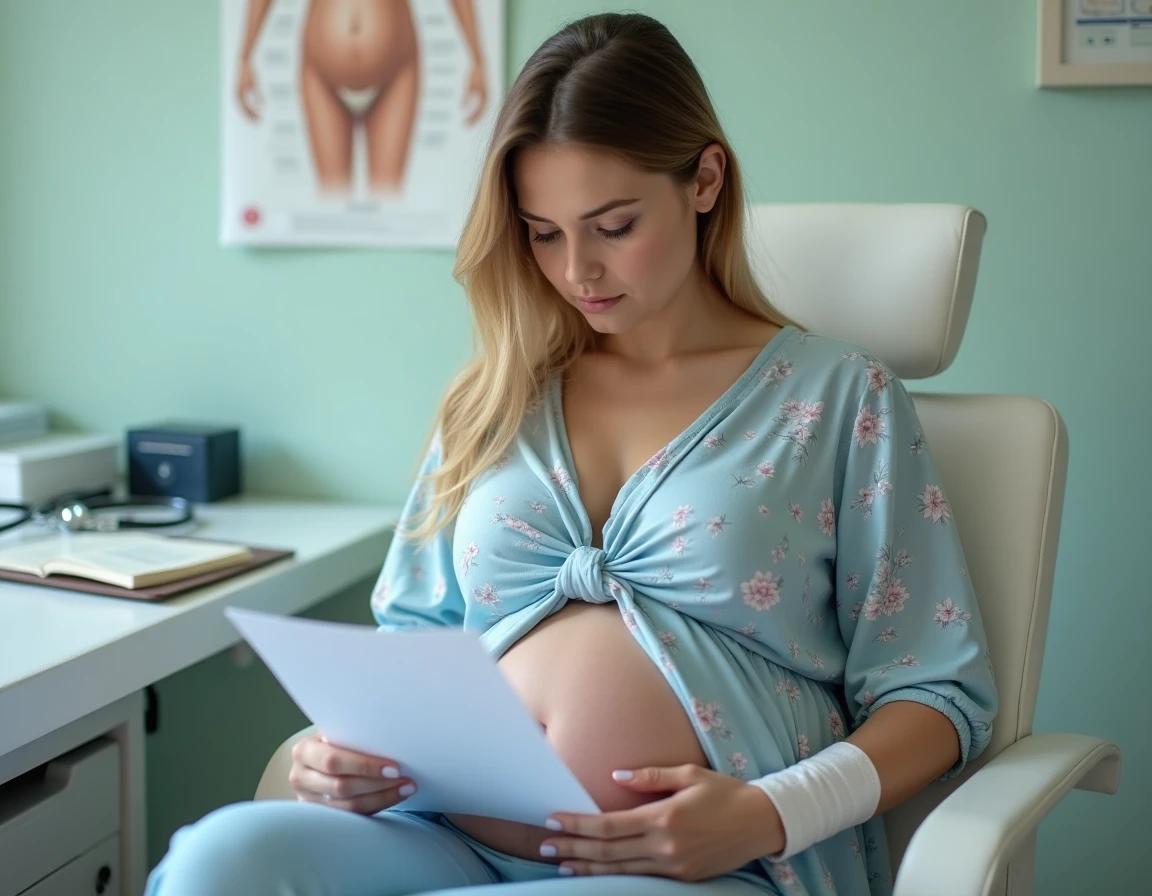 Femme enceinte en consultation gynécologique tenant des résultats d'analyses sanguines, bras bandé après une prise de sang pour carence en fer