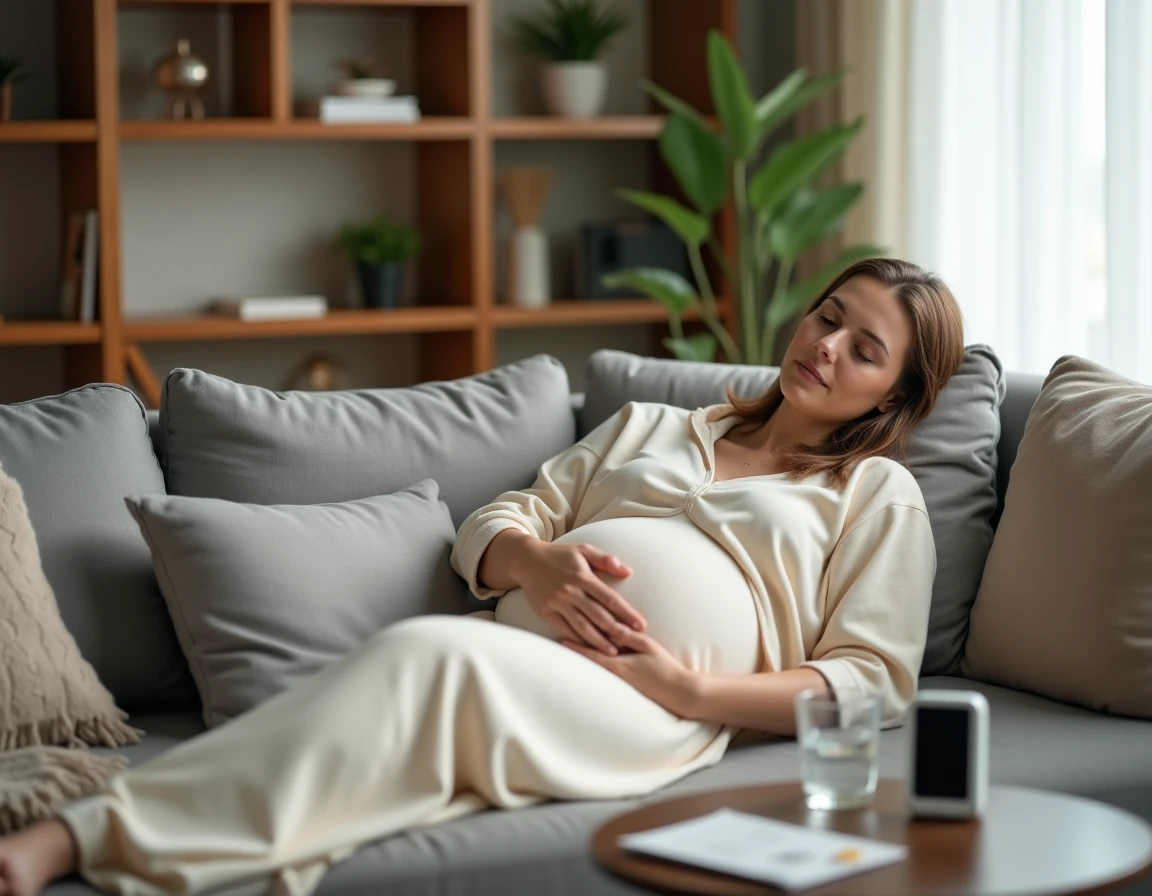 Femme en post-partum allongée sur un canapé à la maison avec un pansement au bras après une perfusion de fer, entourée d'accessoires de maternité