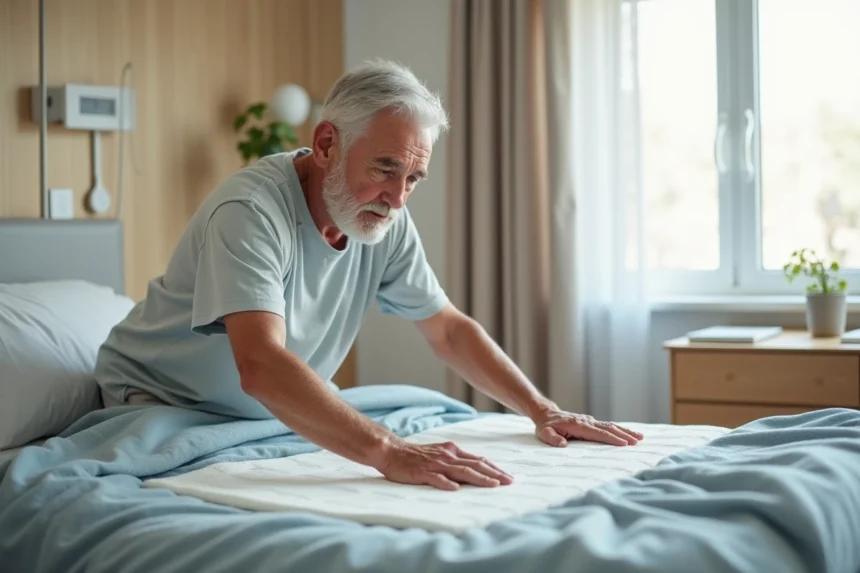 Homme agee ajustant un matelas de pression en chambre