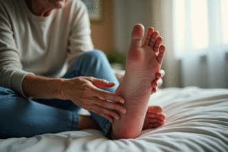 Personne agee examine ses pieds irrites au lit