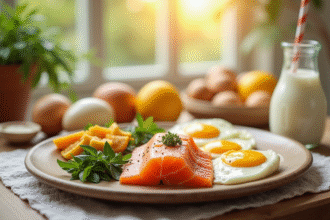 Table de petit déjeuner sain avec saumon et œufs riches en vitamine D