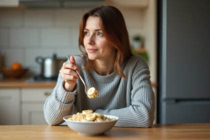 Femme mangeant un porridge dans une cuisine chaleureuse