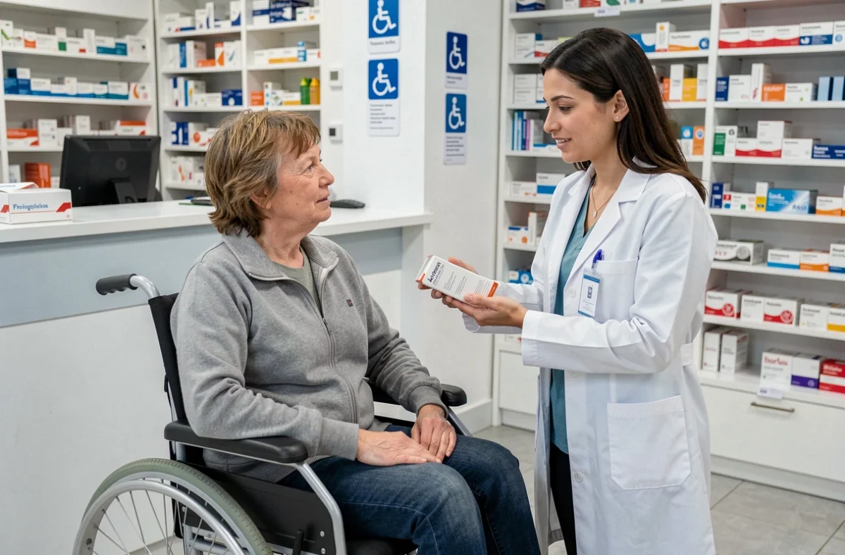 Pharmacienne aidant une cliente en fauteuil roulant à un comptoir accessible à l'intérieur d'une pharmacie française
