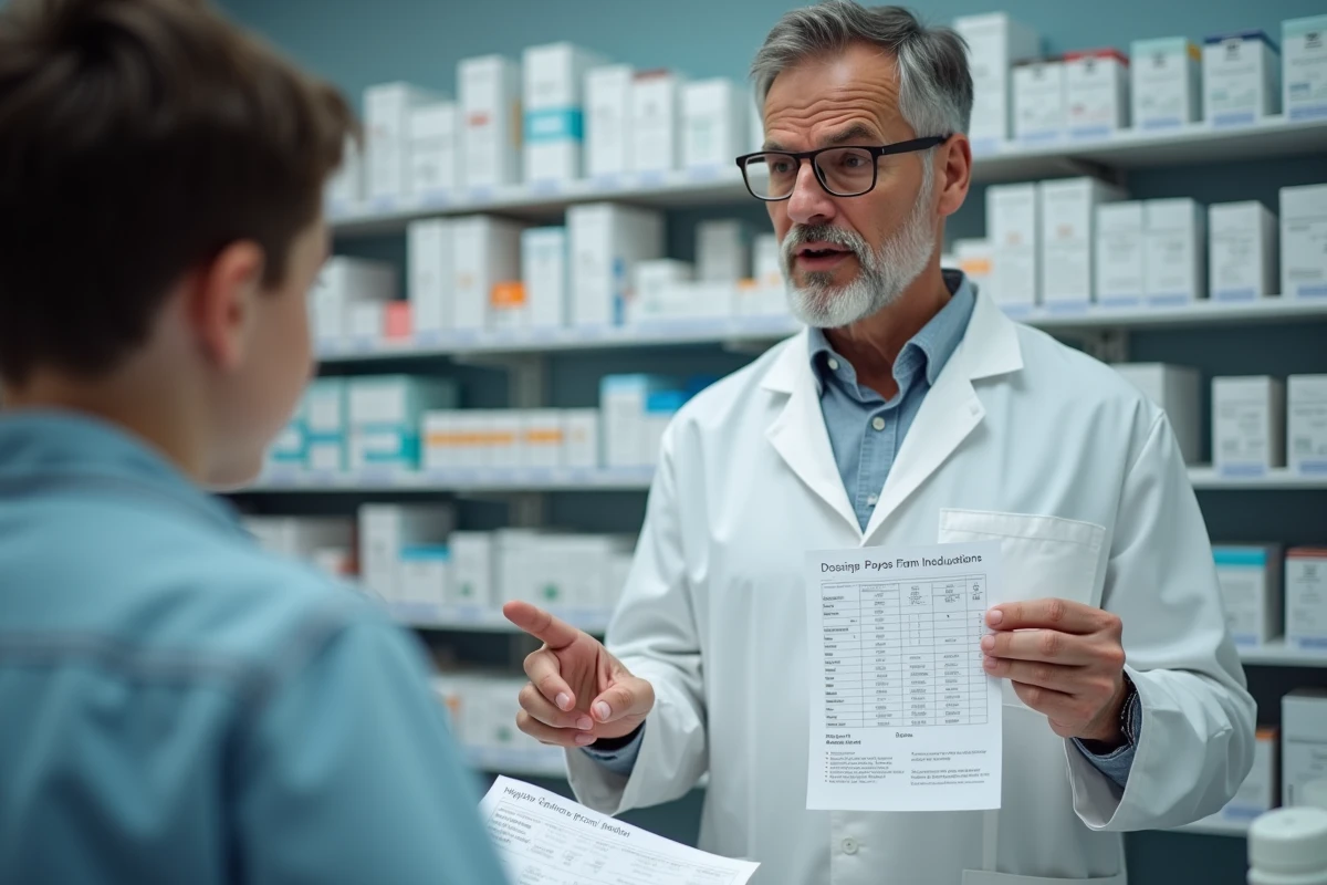 Pharmacien expliquant la posologie d'un médicament pédiatrique en gouttes à un parent à l'aide d'une notice médicale