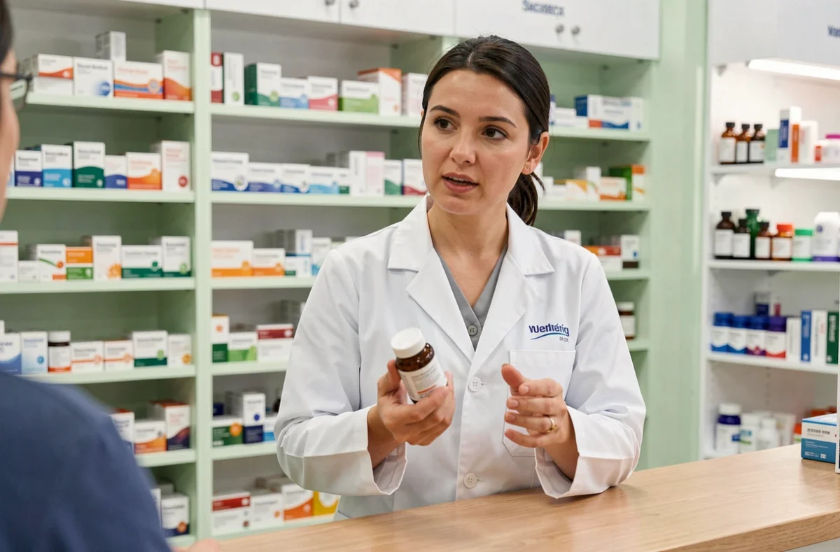 Pharmacienne expliquant l'avis médical sur un supplément comme le Glucavit à un client en officine