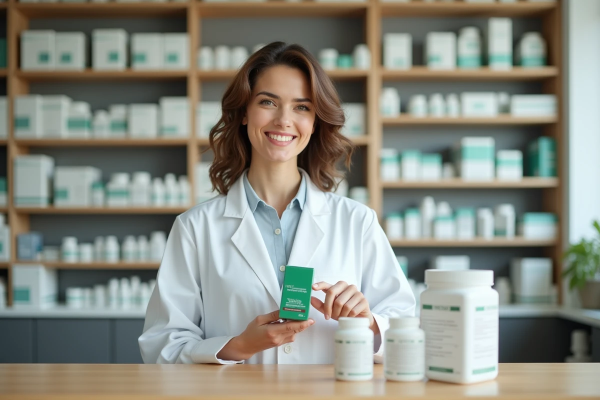 Pharmacienne professionnelle présentant un produit détox en pharmacie avec un regard de confiance