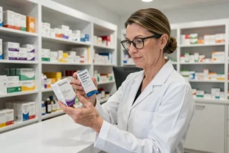 Pharmacienne en blouse blanche examinant une boîte de médicament générique dans une pharmacie moderne