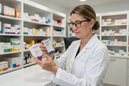 Pharmacienne en blouse blanche examinant une boîte de médicament générique dans une pharmacie moderne