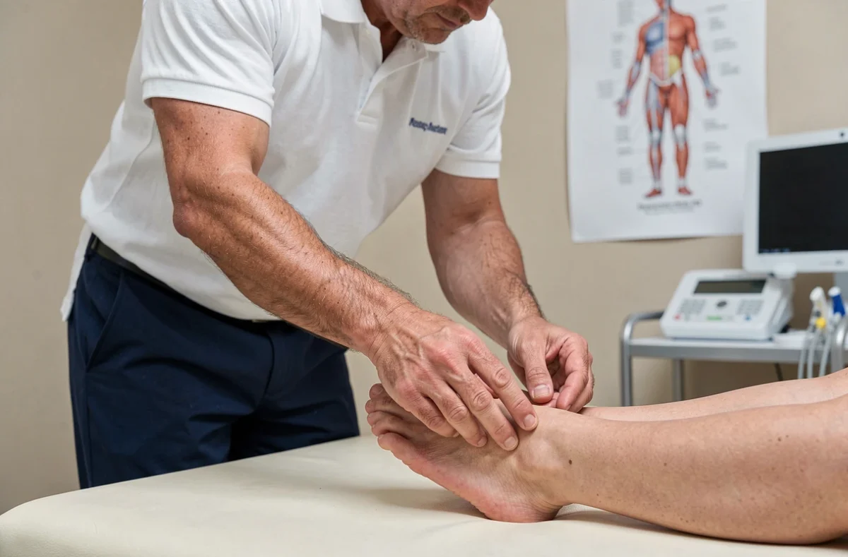 Physiothérapeute examinant la cheville et le côté extérieur du pied d'un patient en cabinet médical
