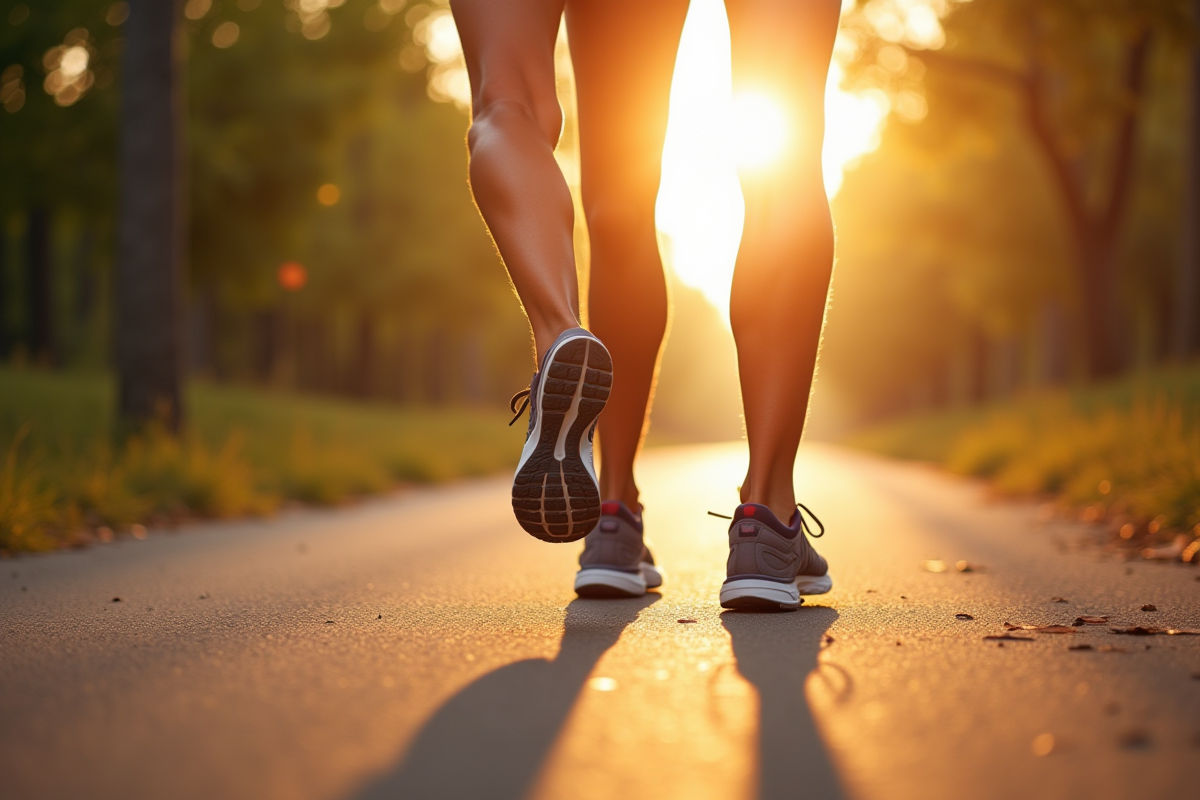 Gros plan sur jambes et chaussures de course sur un sentier urbain