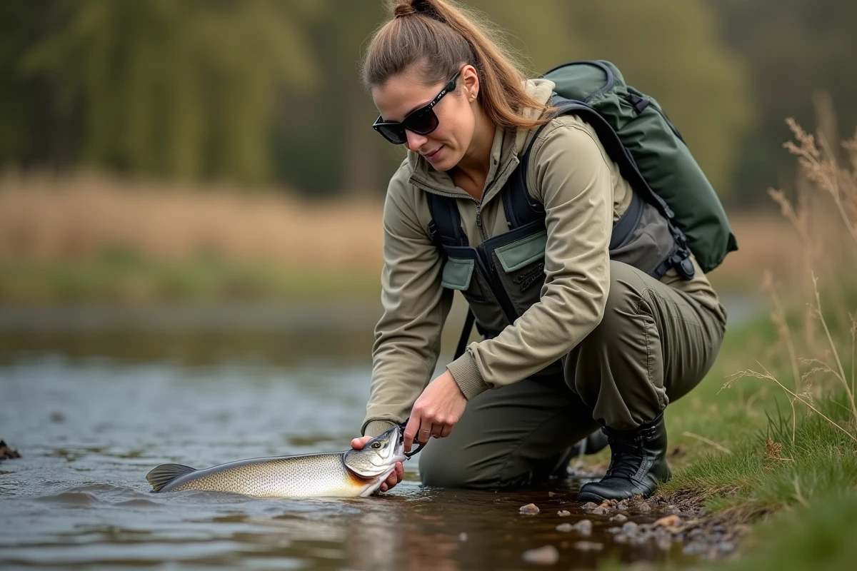 Pêcheuse utilisant une pince de décrochage pour retirer l'hameçon d'un brochet en toute sécurité et éviter les blessures par morsure