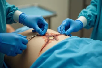 Plaie chirurgicale recouverte de fibrine blanchâtre examinée par un chirurgien en gants nitrile bleus