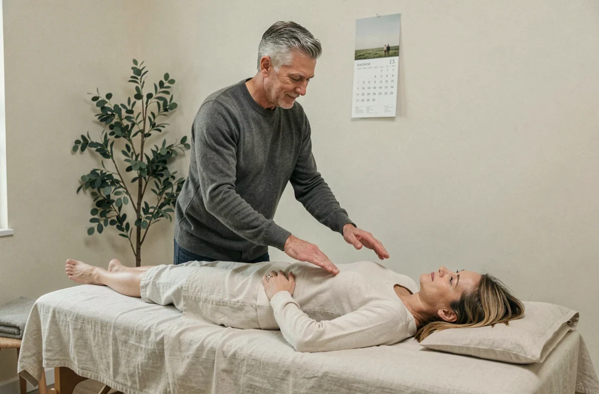 Praticien en magnétisme effectuant une séance sur une patiente allongée dans un cabinet de bien-être professionnel