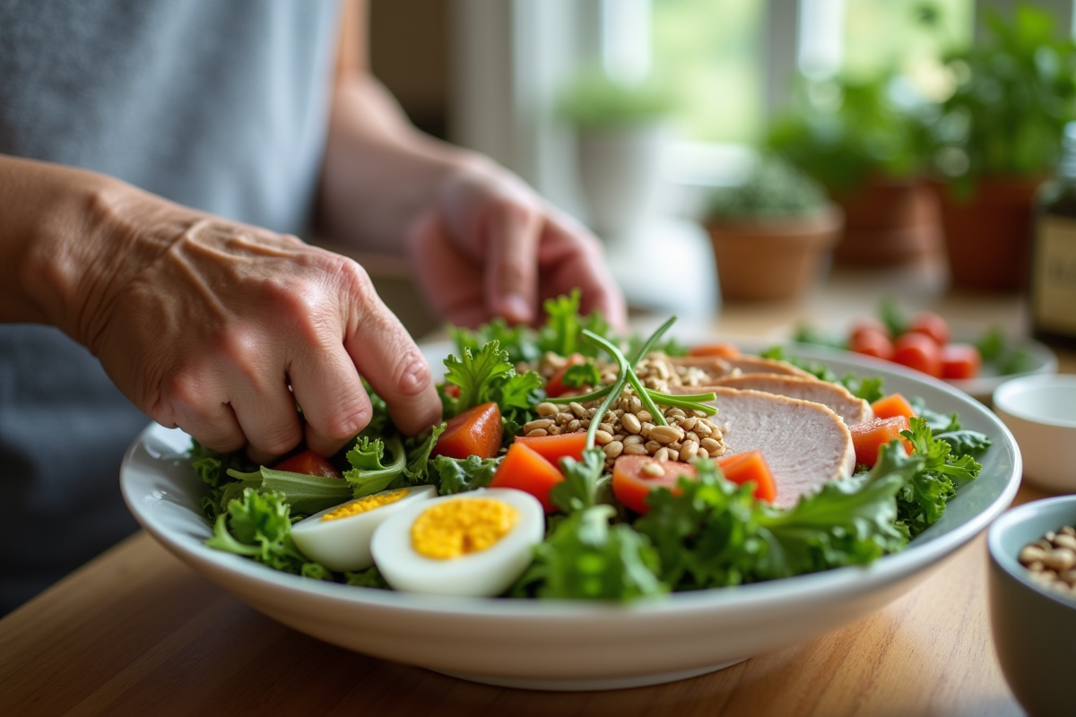 Femme âgée préparant une salade riche en vitamine B3