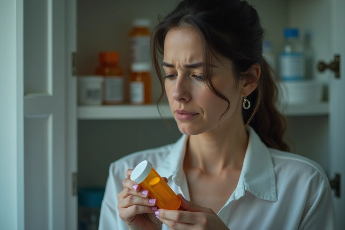 Femme dans une salle de bain tenant son flacon de médicaments avec une expression résignée, évoquant la question intrusive 'tu as pris tes médicaments ?'
