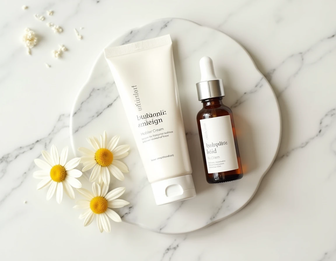 Mise à plat de produits cosmétiques dermatologiques dont une crème à l'acide hyaluronique sur marbre blanc