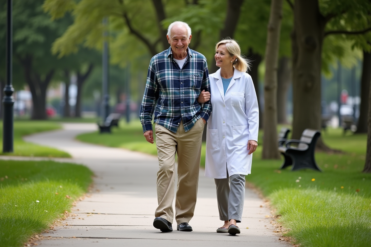 Homme âgé en promenade avec une infirmière dans un parc