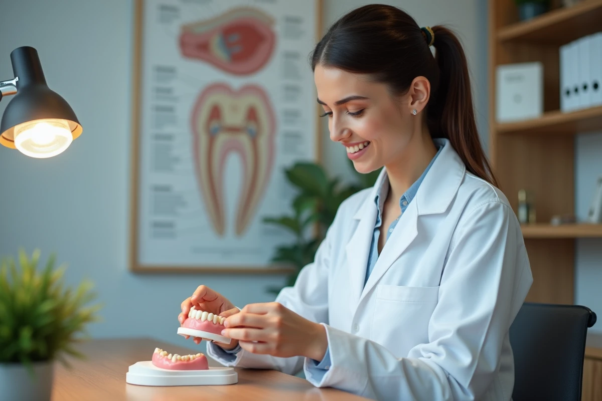Prothesiste dentaire ajustant une denture en resine sur un articulator