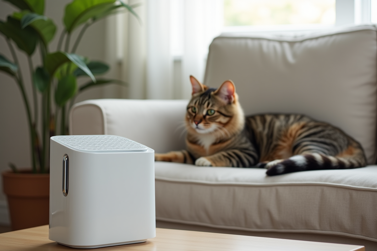 Purificateur d air et chat relaxant sur un canapé en matinée