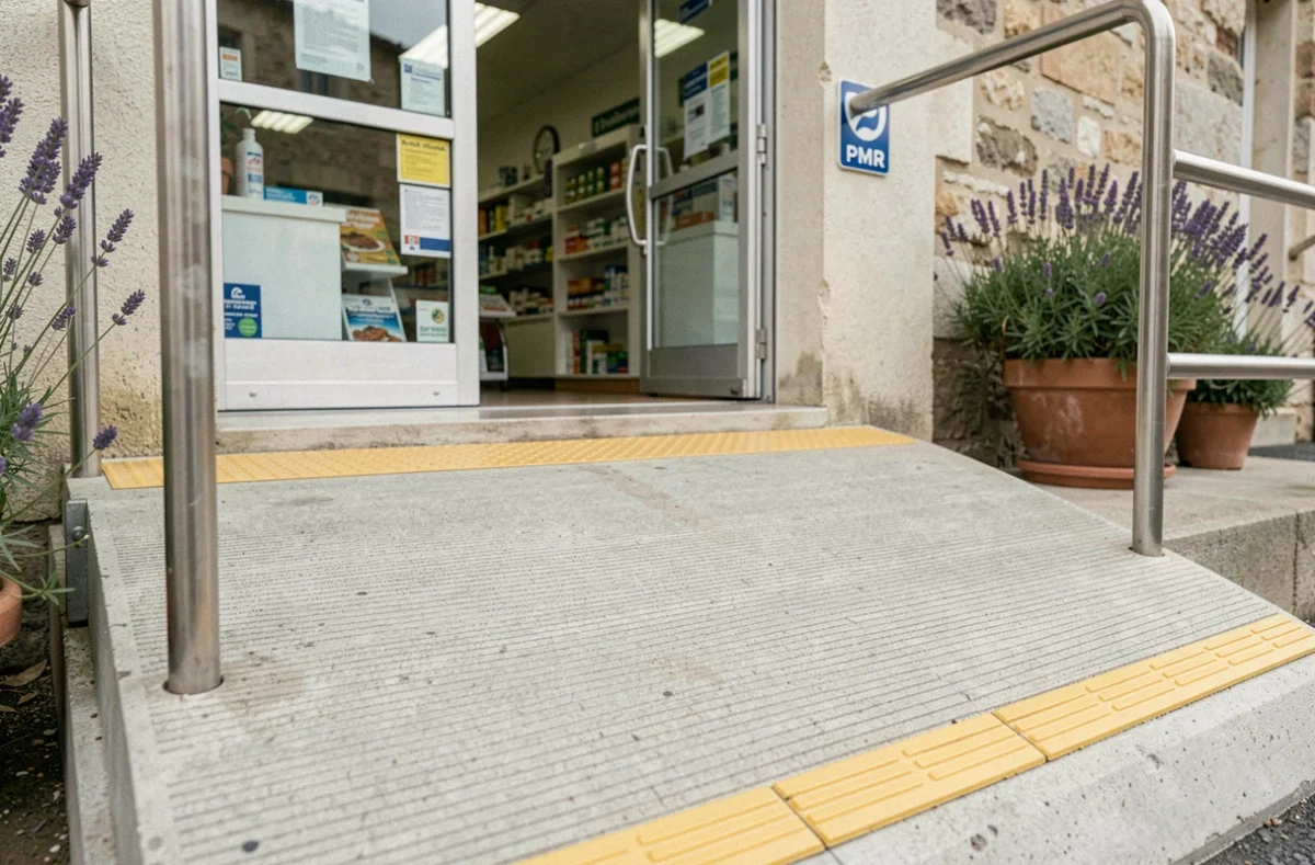 Rampe d'accès PMR avec bandes podotactiles et main courante devant l'entrée d'une pharmacie à Gardanne