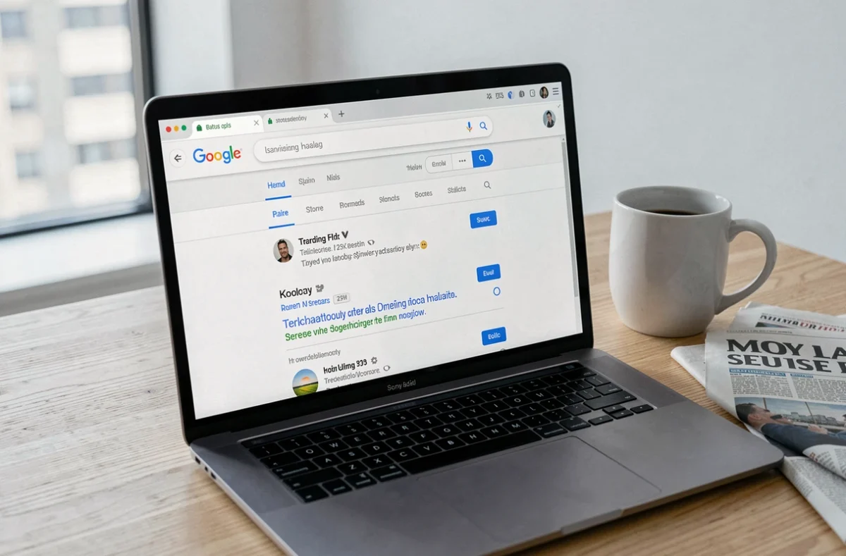 Écran d'ordinateur affichant une recherche Google sur un sujet de santé tendance en 2026, posé sur un bureau avec un journal imprimé, illustrant l'explosion des recherches sur Alain Bauer malade