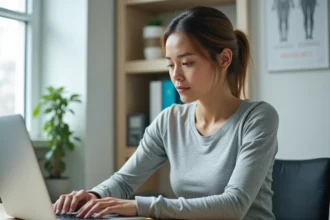 Femme cherchant un parti du corps en K sur un ordinateur portable dans un bureau à domicile moderne