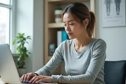 Femme cherchant un parti du corps en K sur un ordinateur portable dans un bureau à domicile moderne